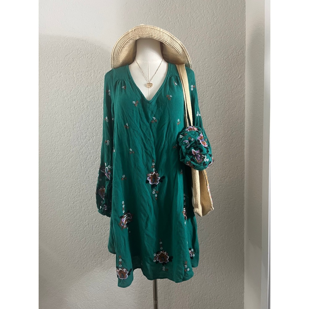 Free People Oxford Embroidered Mini Dress Green Boho Long Sleeve Keyhole
